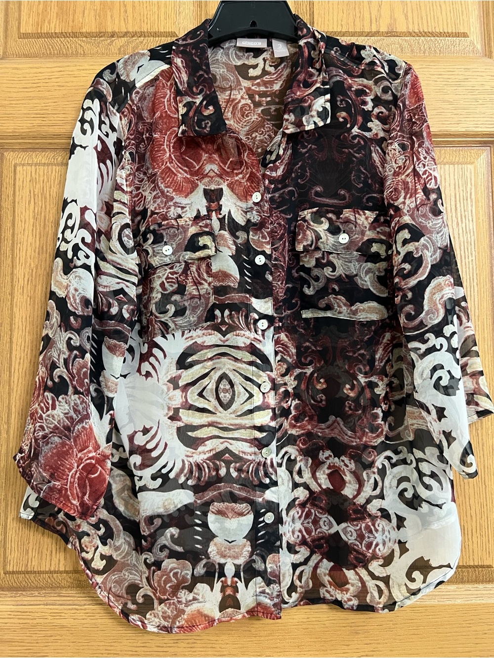 Chicos Button Down Paisley Floral Sheer Chiffon-Like Blouse XL